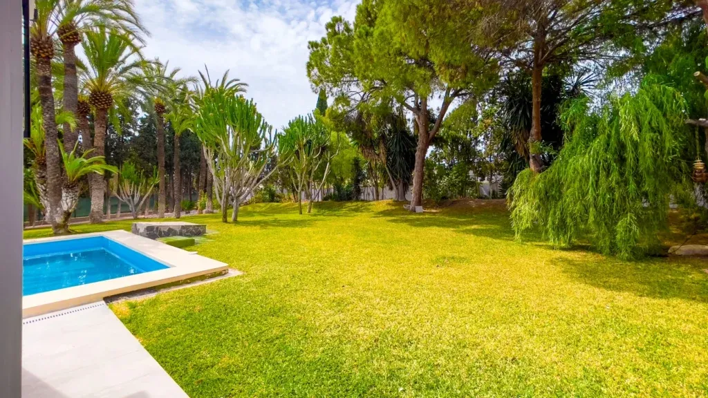 Jardín y piscina al atardecer